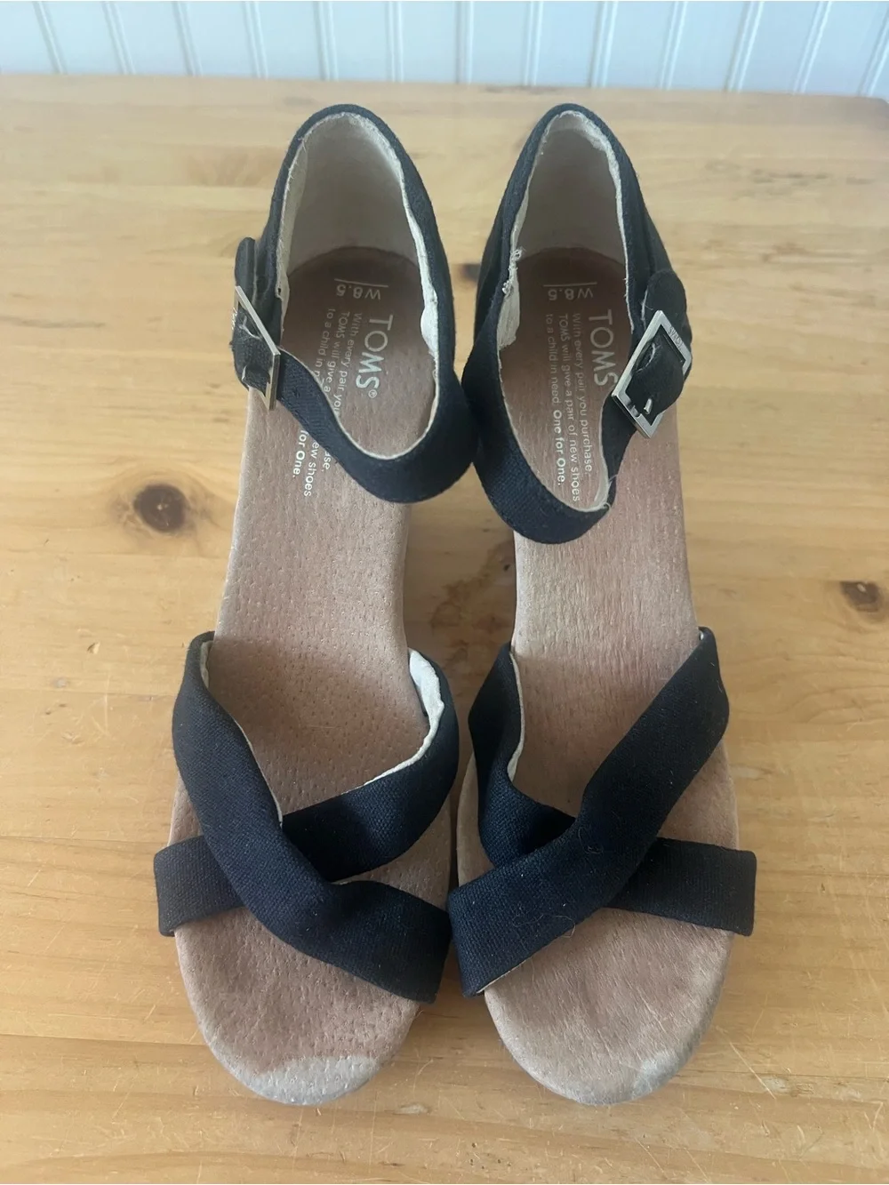TOMS‎ Black Cork Wedge Sandals Womens 8.5 Ankle Strap Platform Shoes Bohemian